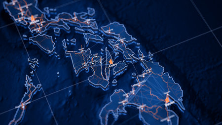 Cebu map big data visualization. Futuristic map infographic of city in Philippines. Visual map data complexity in modern blue and orange colorsの写真素材