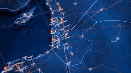 Amman map big data visualization. Futuristic map infographic of city in Jordan. Visual map data complexity in modern blue and orange colorsの写真素材