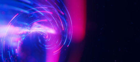 Bigdata light speed twisted flow. Abstract digital data stream of quantum computing. Cyberspace of qubit trail waves. Modern tech information transmission.の写真素材