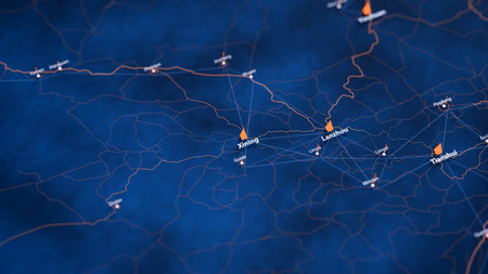 Xining map big data visualization. Futuristic map infographic of city in China. Visual map data complexity in modern blue and orange colorsの写真素材