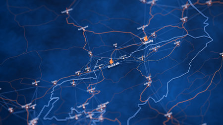 Bishkek map big data visualization. Futuristic map infographic of city in Kyrgyzstan. Visual map data complexity in modern blue and orange colorsの写真素材