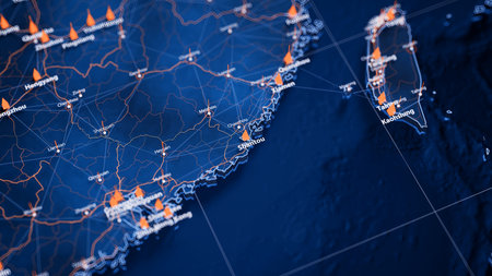 Shantou map big data visualization. Futuristic map infographic of city in China. Visual map data complexity in modern blue and orange colorsの写真素材