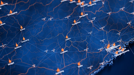 Guilin map big data visualization. Futuristic map infographic of city in China. Visual map data...