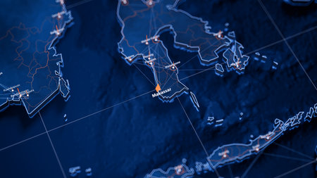 Makassar map big data visualization. Futuristic map infographic of city in Indonesia. Visual map...