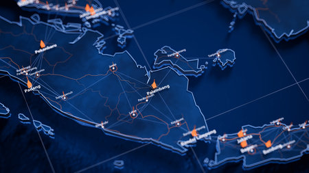 Palembang map big data visualization. Futuristic map infographic of city in Indonesia. Visual map...