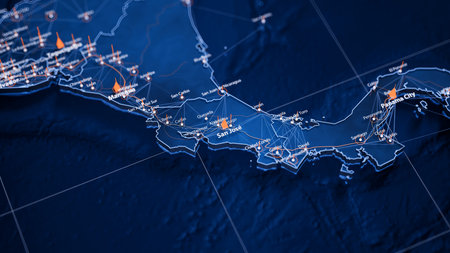 San Jose map big data visualization. Futuristic map infographic of city in Costa Rica. Visual map data complexity in modern blue and orange colorsの写真素材