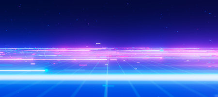 Bigdata light speed planar flow horizon. Abstract digital data stream of quantum computing. Cyberspace of qubit trails. Modern tech information transmission.の写真素材