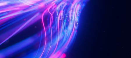 Inside Bigdata light speed data flow closeup. Abstract digital data stream of quantum computing. Cyberspace of qubit trails. Modern tech information transmission.の写真素材