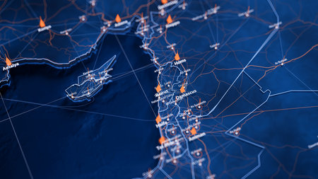 Beirut map big data visualization. Futuristic map infographic of city in Lebanon. Visual map data complexity in modern blue and orange colorsの写真素材