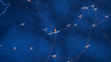 Manaus map big data visualization. Futuristic map infographic of city in Brazil. Visual map data complexity in modern blue and orange colorsの写真素材