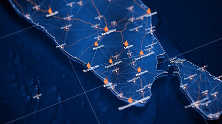 Coimbatore map big data visualization. Futuristic map infographic of city in India. Visual map data complexity in modern blue and orange colorsの写真素材