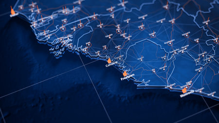 Conakry map big data visualization. Futuristic map infographic of city in Guinea. Visual map data complexity in modern blue and orange colorsの写真素材