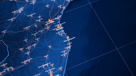 Florianopolis map big data visualization. Futuristic map infographic of city in Brazil. Visual map data complexity in modern blue and orange colorsの写真素材
