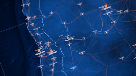 Mendoza map big data visualization. Futuristic map infographic of city in Argentina. Visual map data complexity in modern blue and orange colorsの写真素材