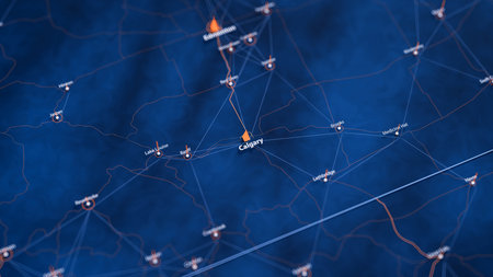 Calgary map big data visualization. Futuristic map infographic of city in Canada. Visual map data complexity in modern blue and orange colorsの写真素材