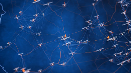 Cordoba map big data visualization. Futuristic map infographic of city in Argentina. Visual map data complexity in modern blue and orange colorsの写真素材