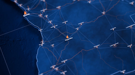 Huambo map big data visualization. Futuristic map infographic of city in Angola. Visual map data complexity in modern blue and orange colorsの写真素材