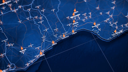 Cotonou map big data visualization. Futuristic map infographic of city in Benin. Visual map data complexity in modern blue and orange colorsの写真素材