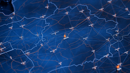Minsk map big data visualization. Futuristic map infographic of city in Belarus. Visual map data complexity in modern blue and orange colorsの写真素材