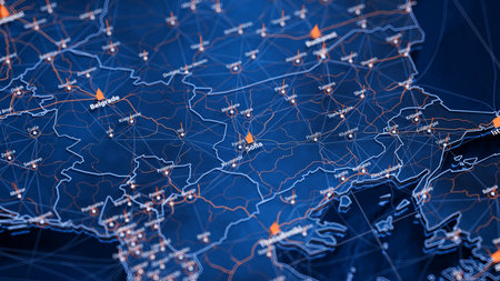 Sofia map big data visualization. Futuristic map infographic of city in Bulgaria. Visual map data complexity in modern blue and orange colorsの写真素材