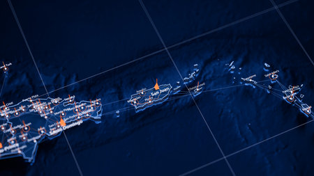 San Juan map big data visualization. Futuristic map infographic of city in Puerto Rico. Visual map data complexity in modern blue and orange colorsの写真素材