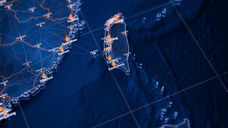 Kaohsiung map big data visualization. Futuristic map infographic of city in Taiwan. Visual map data complexity in modern blue and orange colorsの写真素材