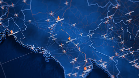 Naypyidaw map big data visualization. Futuristic map infographic of city in Myanmar. Visual map data complexity in modern blue and orange colorsの写真素材