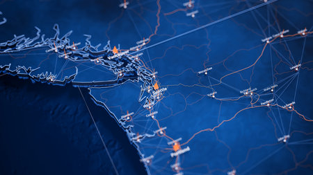 Seattle map big data visualization. Futuristic map infographic of city in USA. Visual map data complexity in modern blue and orange colorsの写真素材