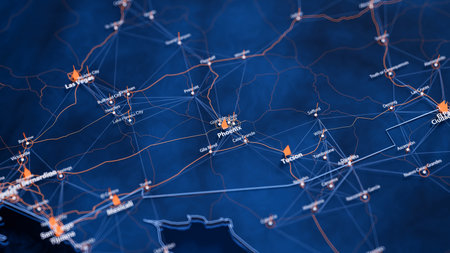 Phoenix map big data visualization. Futuristic map infographic of city in USA. Visual map data complexity in modern blue and orange colorsの写真素材
