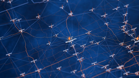 Minneapolis map big data visualization. Futuristic map infographic of city in USA. Visual map data complexity in modern blue and orange colorsの写真素材