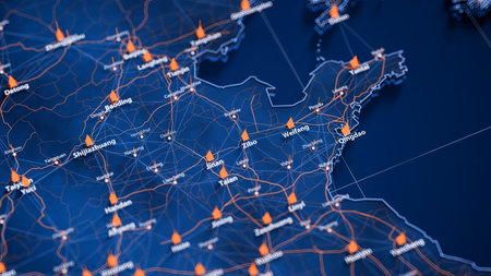 Zibo map big data visualization. Futuristic map infographic of city in China. Visual map data...
