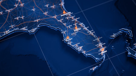 Tampa map big data visualization. Futuristic map infographic of city in USA. Visual map data complexity in modern blue and orange colorsの写真素材