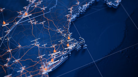 Boston map big data visualization. Futuristic map infographic of city in USA. Visual map data complexity in modern blue and orange colorsの写真素材