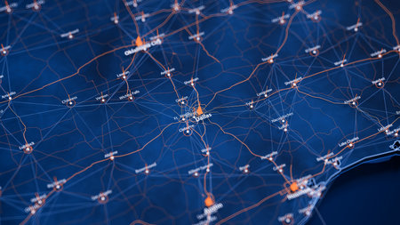 Dallas map big data visualization. Futuristic map infographic of city in USA. Visual map data complexity in modern blue and orange colorsの写真素材