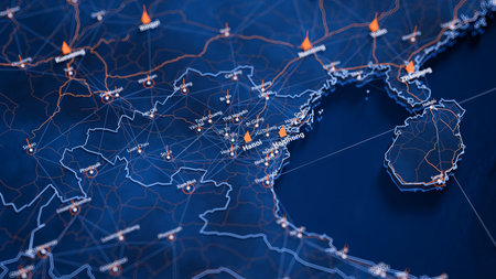 Hanoi map big data visualization. Futuristic map infographic of city in Vietnam. Visual map data complexity in modern blue and orange colorsの写真素材