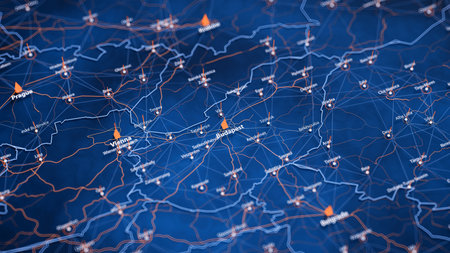 Budapest map big data visualization. Futuristic map infographic of city in Hungary. Visual map data...