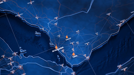 Sanaa map big data visualization. Futuristic map infographic of city in Yemen. Visual map data complexity in modern blue and orange colorsの写真素材