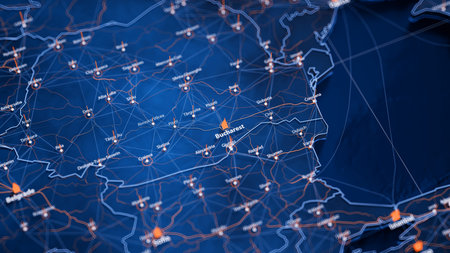 Bucharest map big data visualization. Futuristic map infographic of city in Romania. Visual map data complexity in modern blue and orange colorsの写真素材