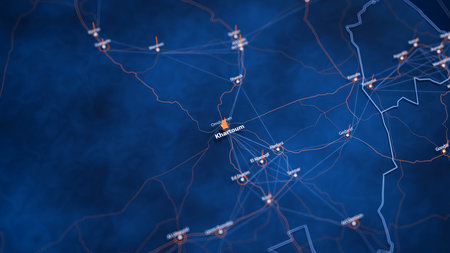 Khartoum map big data visualization. Futuristic map infographic of city in Sudan. Visual map data complexity in modern blue and orange colorsの写真素材