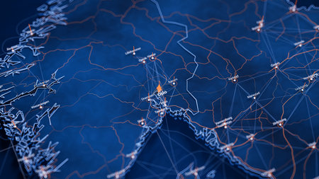 Oslo map big data visualization. Futuristic map infographic of city in Norway. Visual map data complexity in modern blue and orange colorsの写真素材