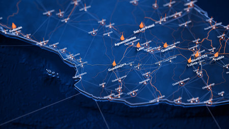 Guadalajara map big data visualization. Futuristic map infographic of city in Mexico. Visual map data complexity in modern blue and orange colorsの写真素材