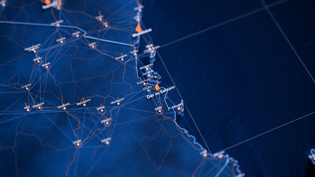 Dar es Salaam map big data visualization. Futuristic map infographic of city in Tanzania. Visual map data complexity in modern blue and orange colorsの写真素材