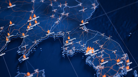 Pyongyang map big data visualization. Futuristic map infographic of city in North Korea. Visual map data complexity in modern blue and orange colorsの写真素材