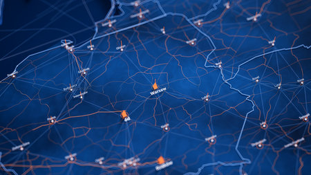 Warsaw map big data visualization. Futuristic map infographic of city in Poland. Visual map data...