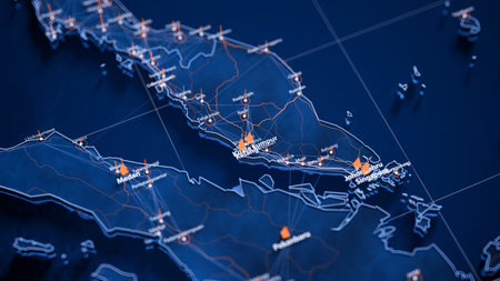 Kuala Lumpur map big data visualization. Futuristic map infographic of city in Malaysia. Visual map data complexity in modern blue and orange colorsの写真素材