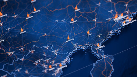 Nanning map big data visualization. Futuristic map infographic of city in China. Visual map data complexity in modern blue and orange colorsの写真素材