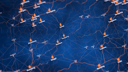 Guiyang map big data visualization. Futuristic map infographic of city in China. Visual map data complexity in modern blue and orange colorsの写真素材