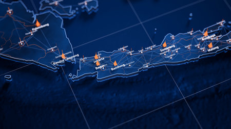 Bandung map big data visualization. Futuristic map infographic of city in Indonesia. Visual map data complexity in modern blue and orange colorsの写真素材