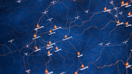 Chongqing map big data visualization. Futuristic map infographic of city in China. Visual map data complexity in modern blue and orange colorsの写真素材