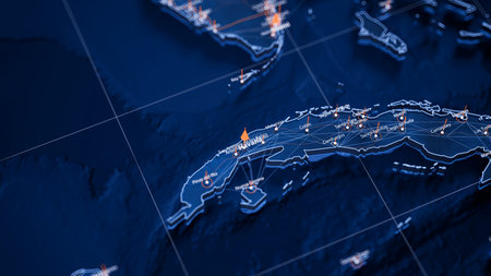 Havana map big data visualization. Futuristic map infographic of city in Cuba. Visual map data complexity in modern blue and orange colorsの写真素材